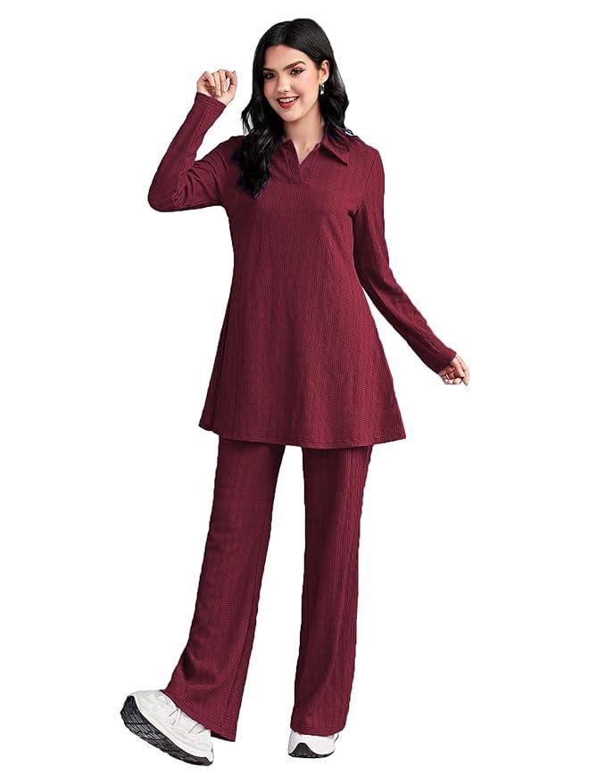 61ZRvc0JngL._SY879_ Women's Solid Color Two-Piece Set | Long Sleeve Top & Wide Leg Pants Co-ord Set - Image 1