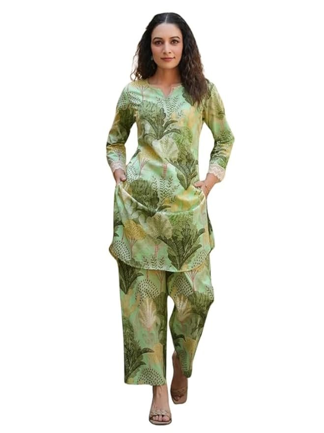 61eFycJgO0L._SY879_ (1) Ethnic Cotton Blend Co Ord Set | Casual Wear Pant Top Set | Fancy Co-Ord Set | Full Pair Set | Women Kurta Sets Kurtis | Women Kurta Pant Set | Coord Sets for Women | Green Top Pant Set - Image 1