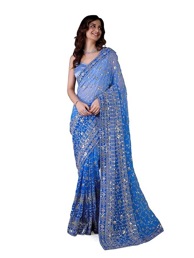 81XyvumCquL._SY879_ Women's Georgette Sequin Embroidery work Saree with Unstitch Blouse Piece - Image 1