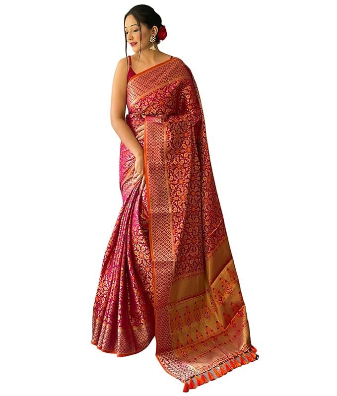 81tbFlvecPL._SX679_ Women's Kanjivaram patola Soft Lichi Silk Sarees With Unstitched Blouse Piece - Image 1