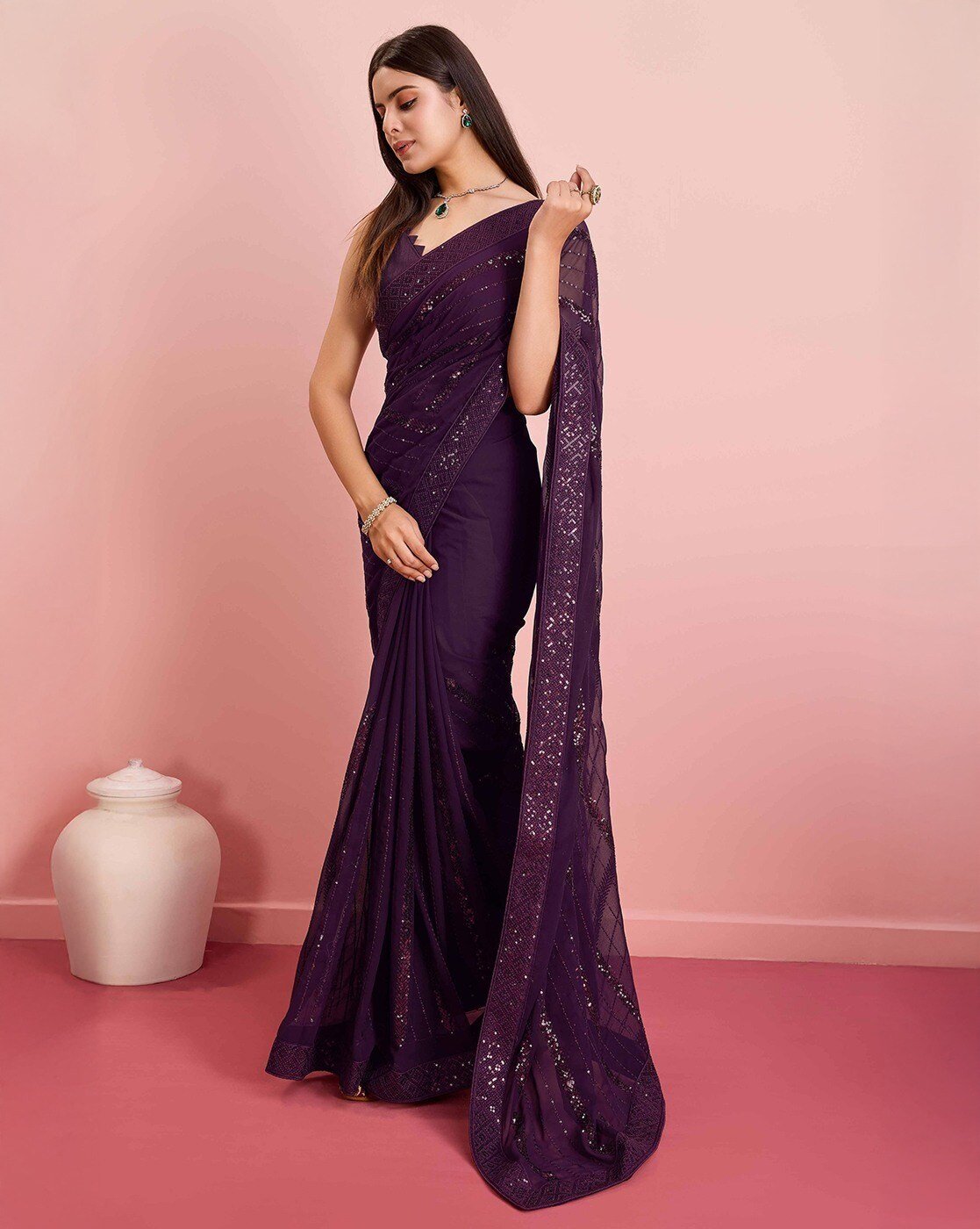 -1117Wx1400H-701320316-wine-MODEL4 Women Embellished Georgette Saree - Image 1