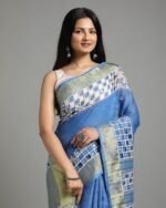 Handloom Hand Cutwork Linen Saree - Image 2